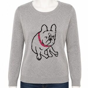 B-Design Gray French Bulldog Studded‎ Pullover Sweater Large Whimsical Novelty